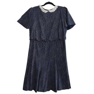 Vtg JENNY Women Dress Sz 18 Blue Polka Dot Lace Neck 80s‎ 90s Cottagecore 60-6